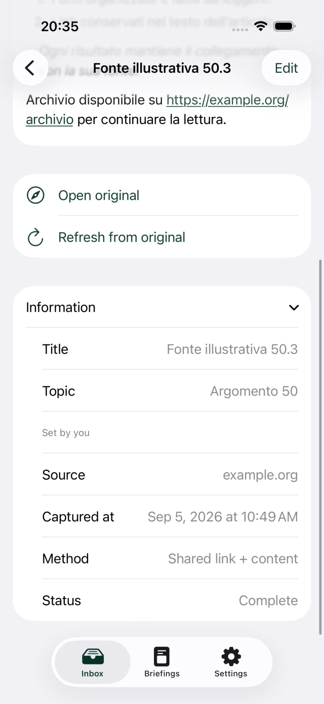 Expanded Information panel below the article on iPhone, showing title, topic, source, capture date, method and status.