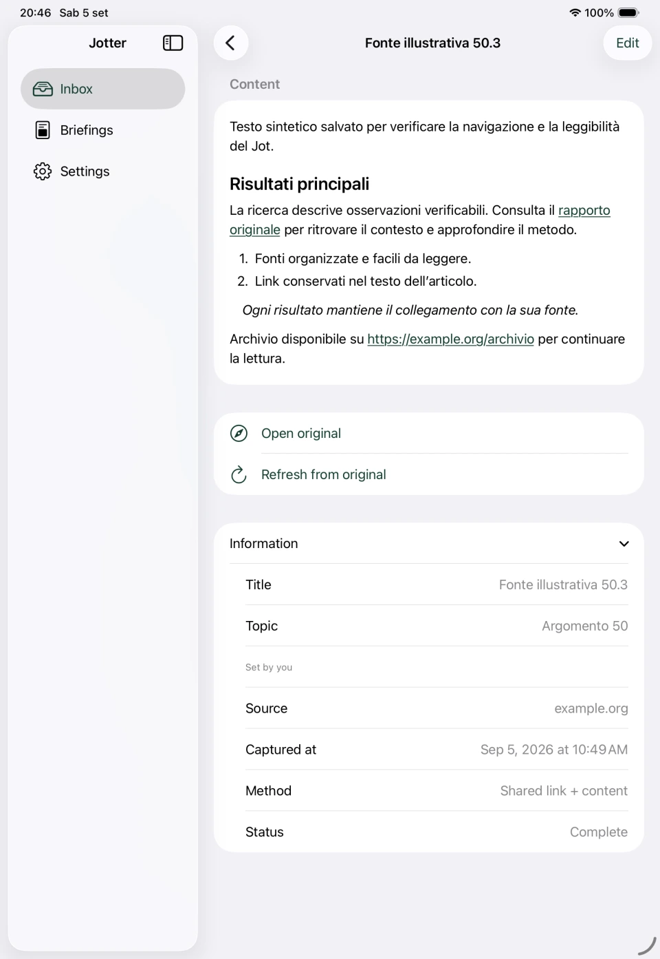 Jotter on iPad with Inbox, Briefings and Settings in a sidebar, a formatted article in the main column and expanded source information below.