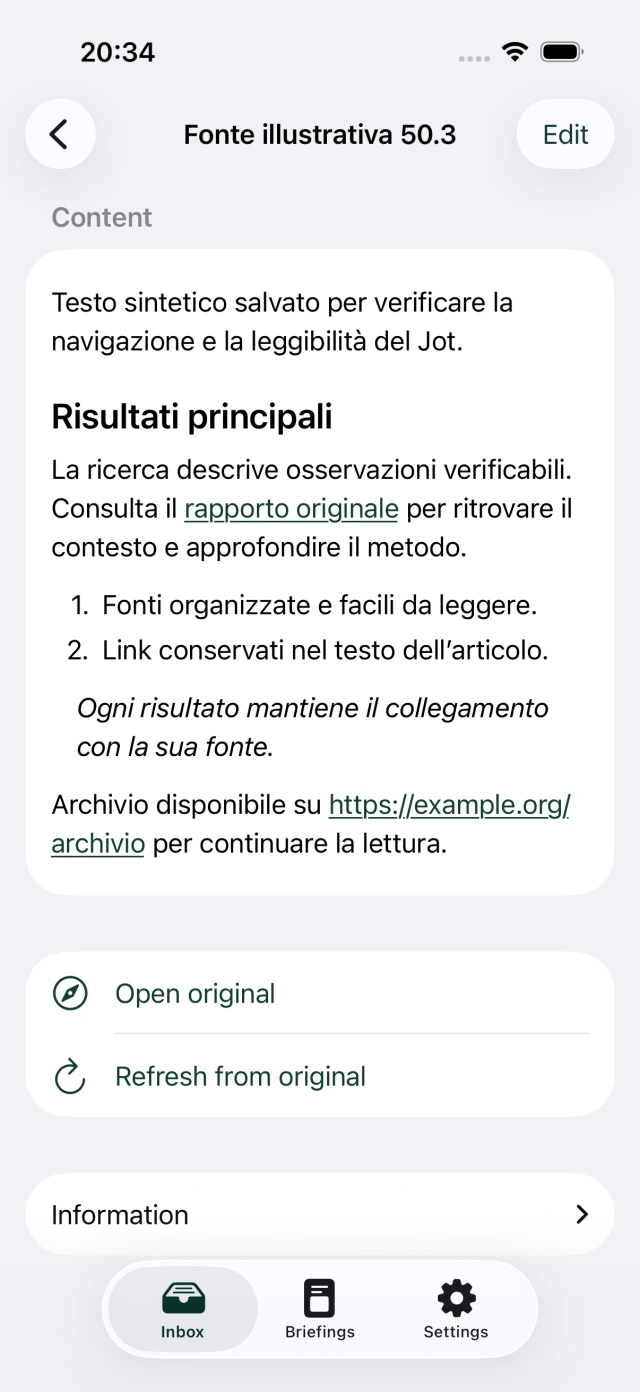 Jot detail on iPhone: a formatted article with headings, a numbered list and underlined links, followed by a closed Information panel.